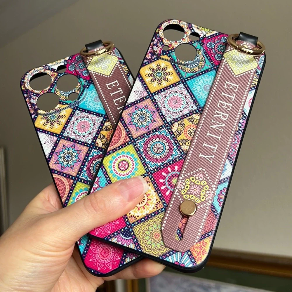 For iPhone 14 plus,14 pro max phone case with wrist strap kickstand keychain